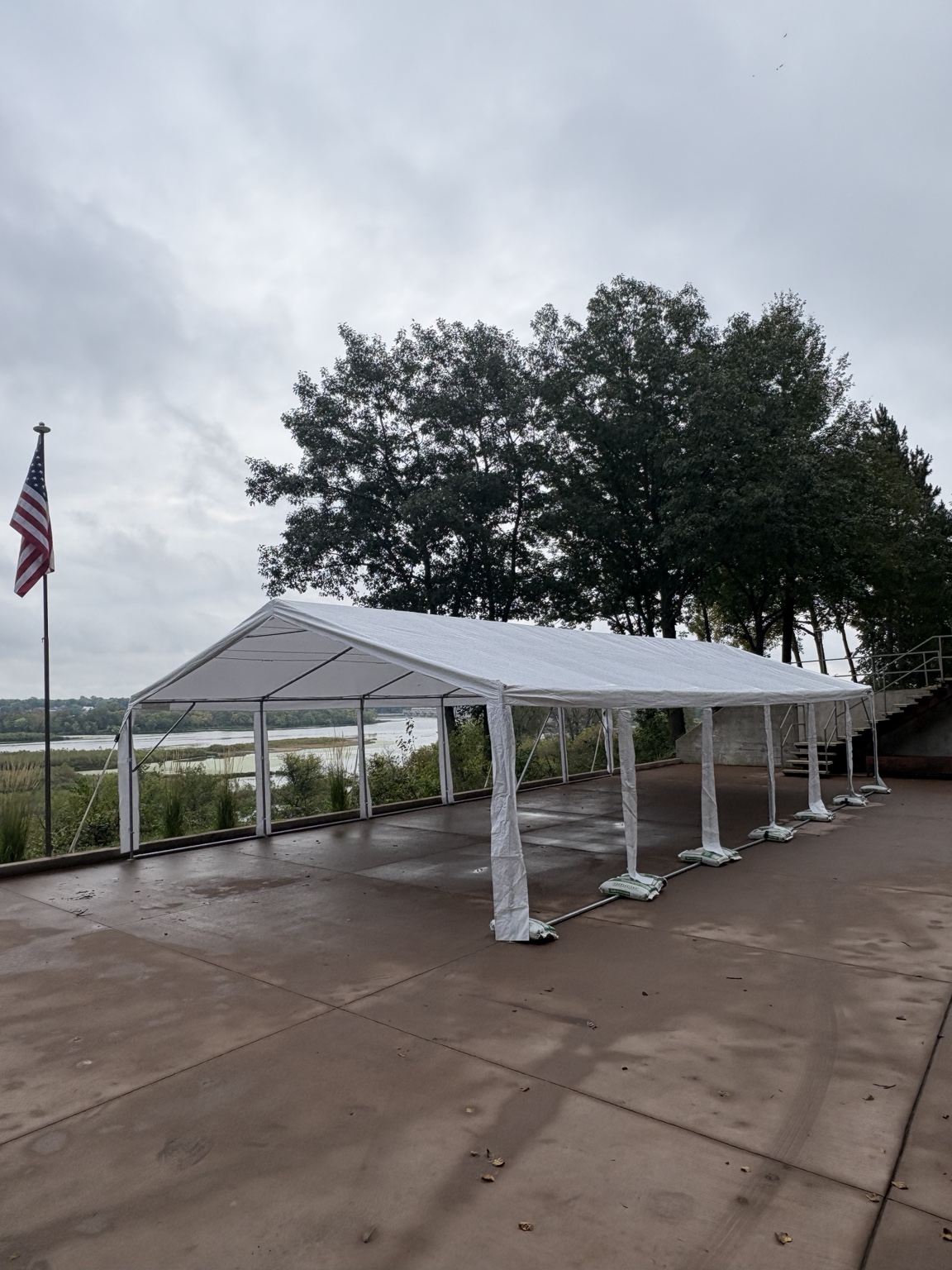 Tent set up on a concrete patio